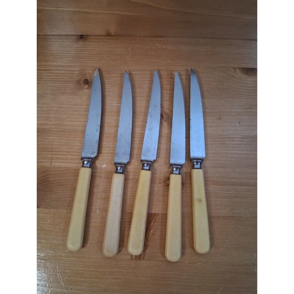 5pc Set Bakelite Pale Yellow Sheffield Steak Knives READ